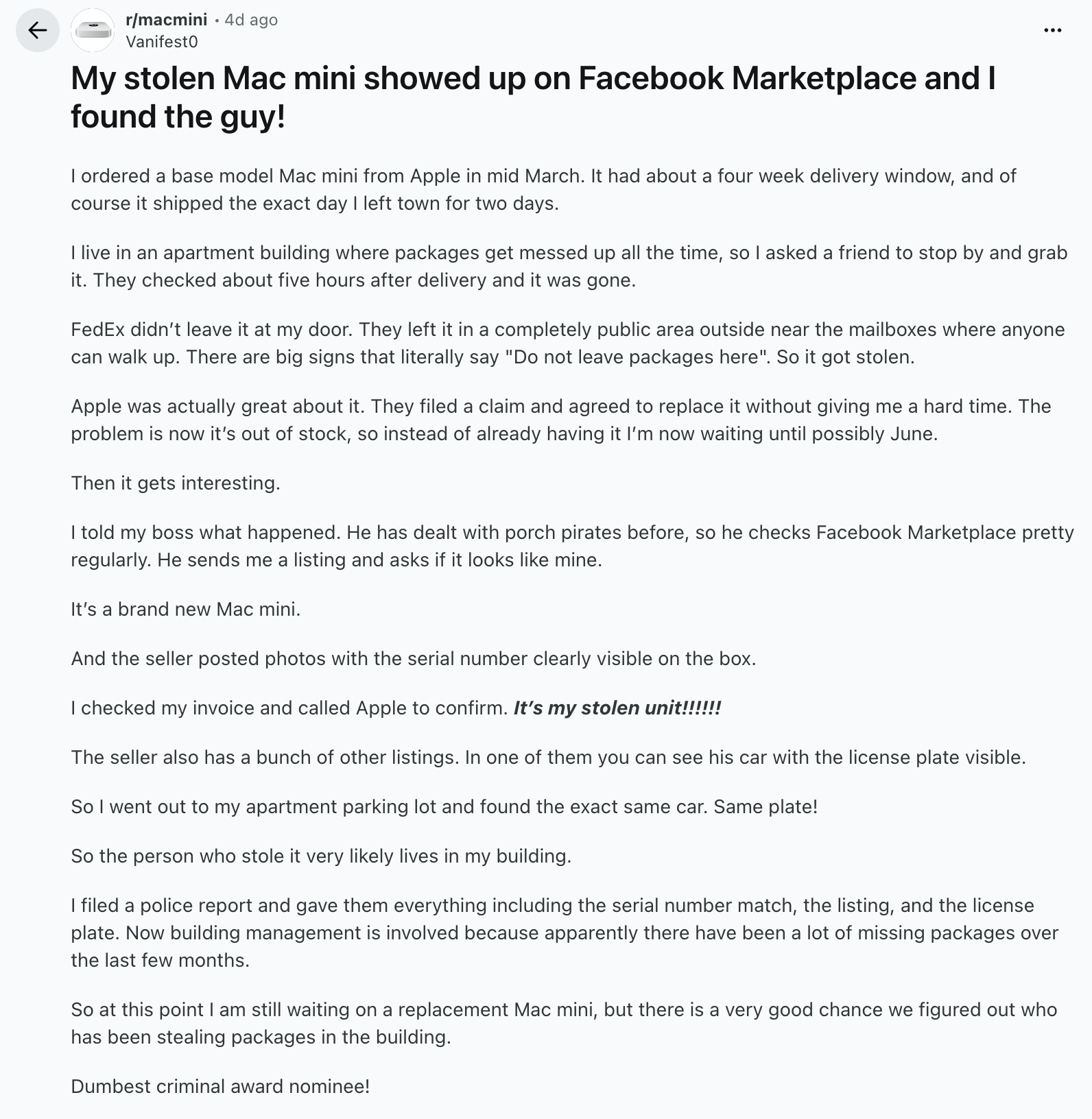 被盗Mac mini竟现身Facebook二手平台 卖家还意外暴露序列号和车牌号