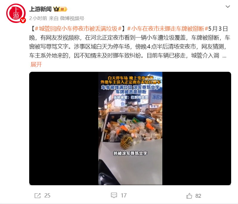 本田飞度停网红夜市停车场未挪车 车身堆满垃圾、车牌被掰断