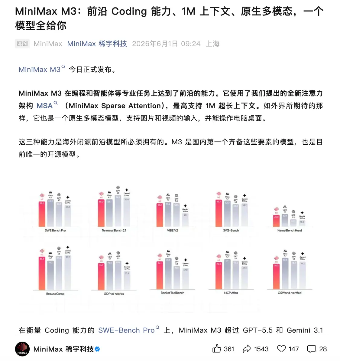 MiniMax发布M3模型:1M上下文原生多模态,编程能力超GPT-5.5
