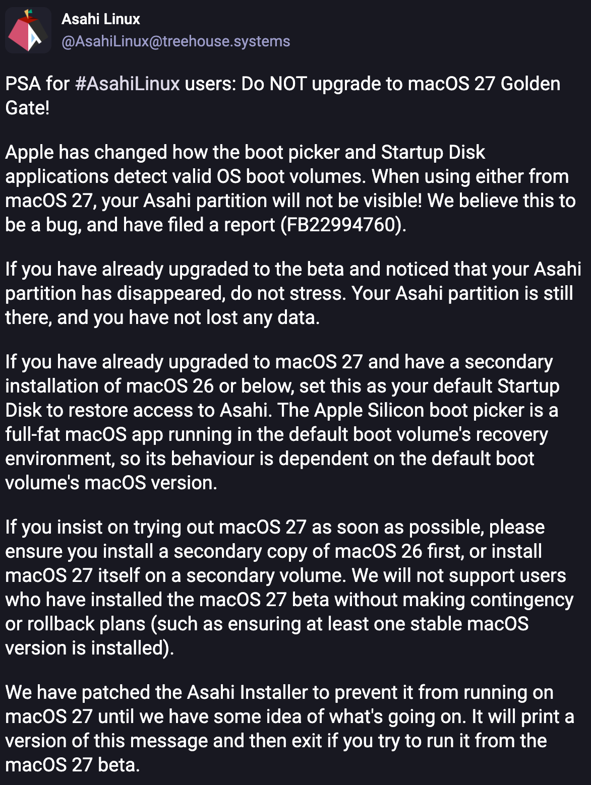 macOS 27 Beta致Asahi Linux暂时无法启动 开发团队呼吁用户谨慎升级