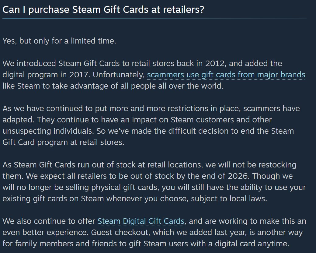 因诈骗猖獗 Valve决定逐步停用实体Steam礼品卡