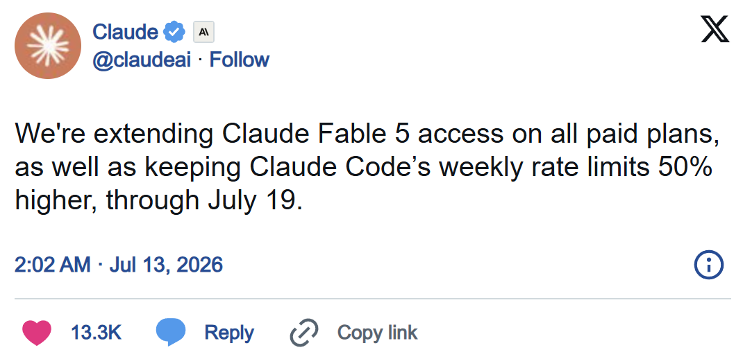 Anthropic延长Claude Fable 5模型付费用户访问权限至7月19日
