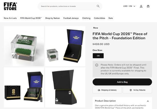 国际足联上架2026世界杯决赛地草皮纪念品 售价450美元