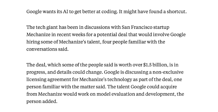 Google可能以超15亿美元价格收购AI编程代理公司Mechanize