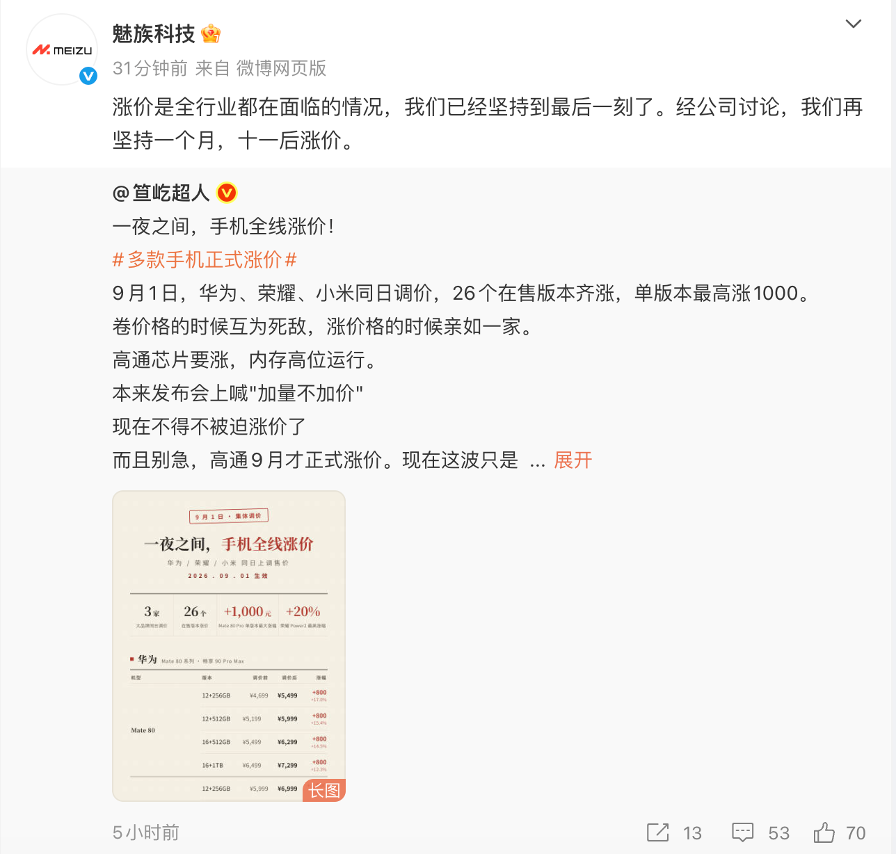 魅族科技宣布十一后涨价
