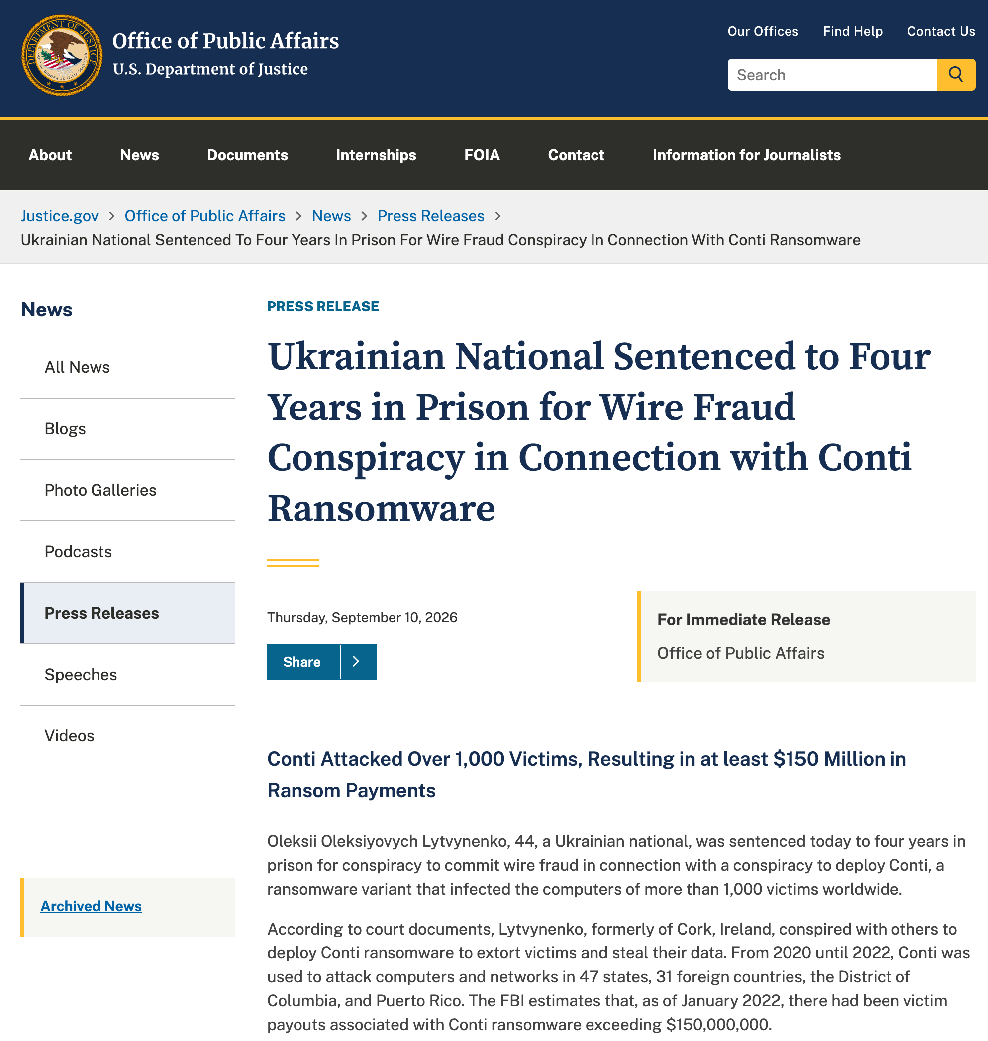美国持续追剿全球网络犯罪团伙 Conti勒索软件组织成员获刑四年