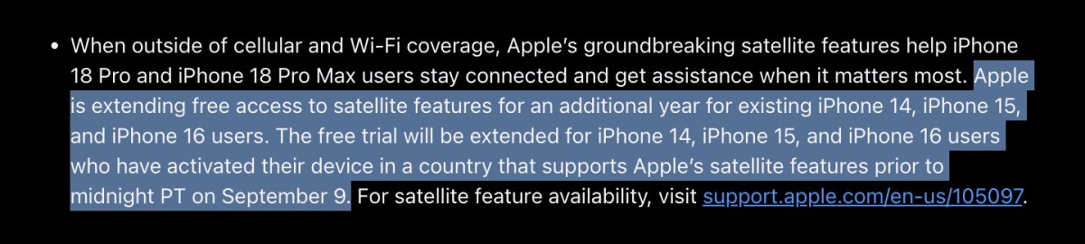 苹果宣布为iPhone 14、15及16系列老用户延长一年卫星通信免费使用期