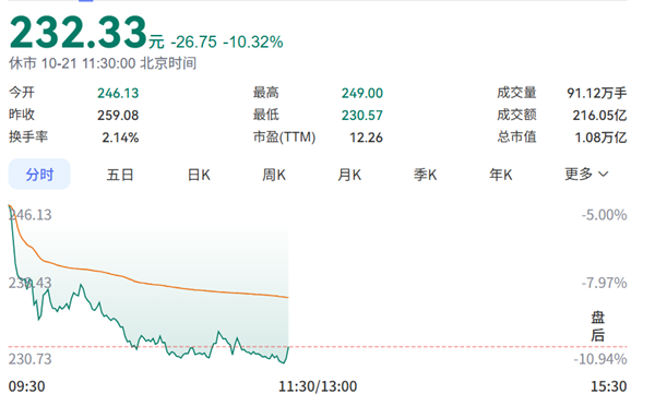 宁德时代跌幅持续扩大至10% 股价较历史高点腰斩