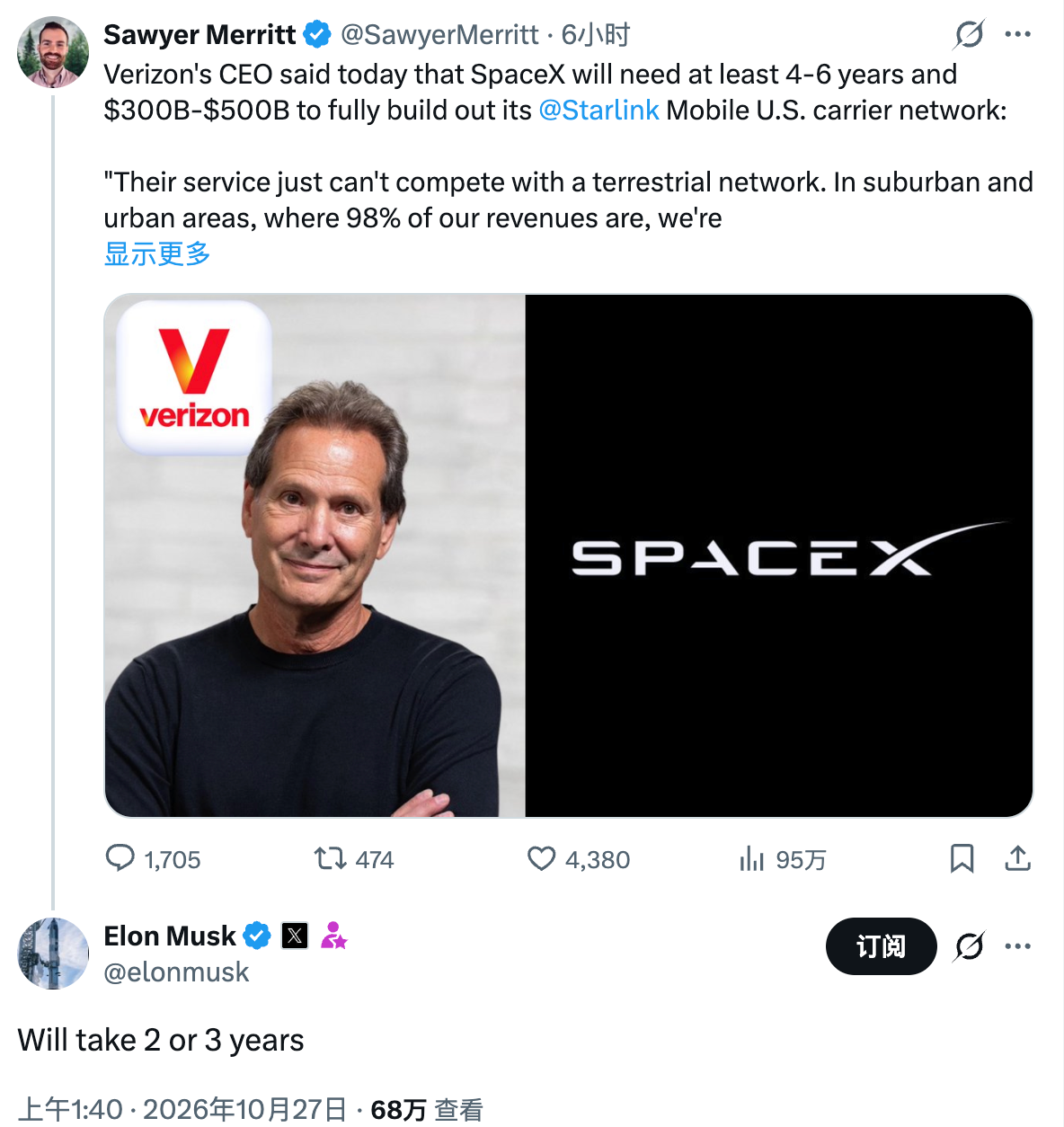 美最大运营商称SpaceX需8年才具有竞争力 马斯克回怼:2-3年