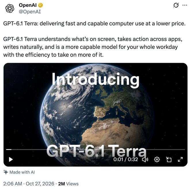 GPT-6.1 Terra发布 电脑操作比肩Astra 成本仅其1/10